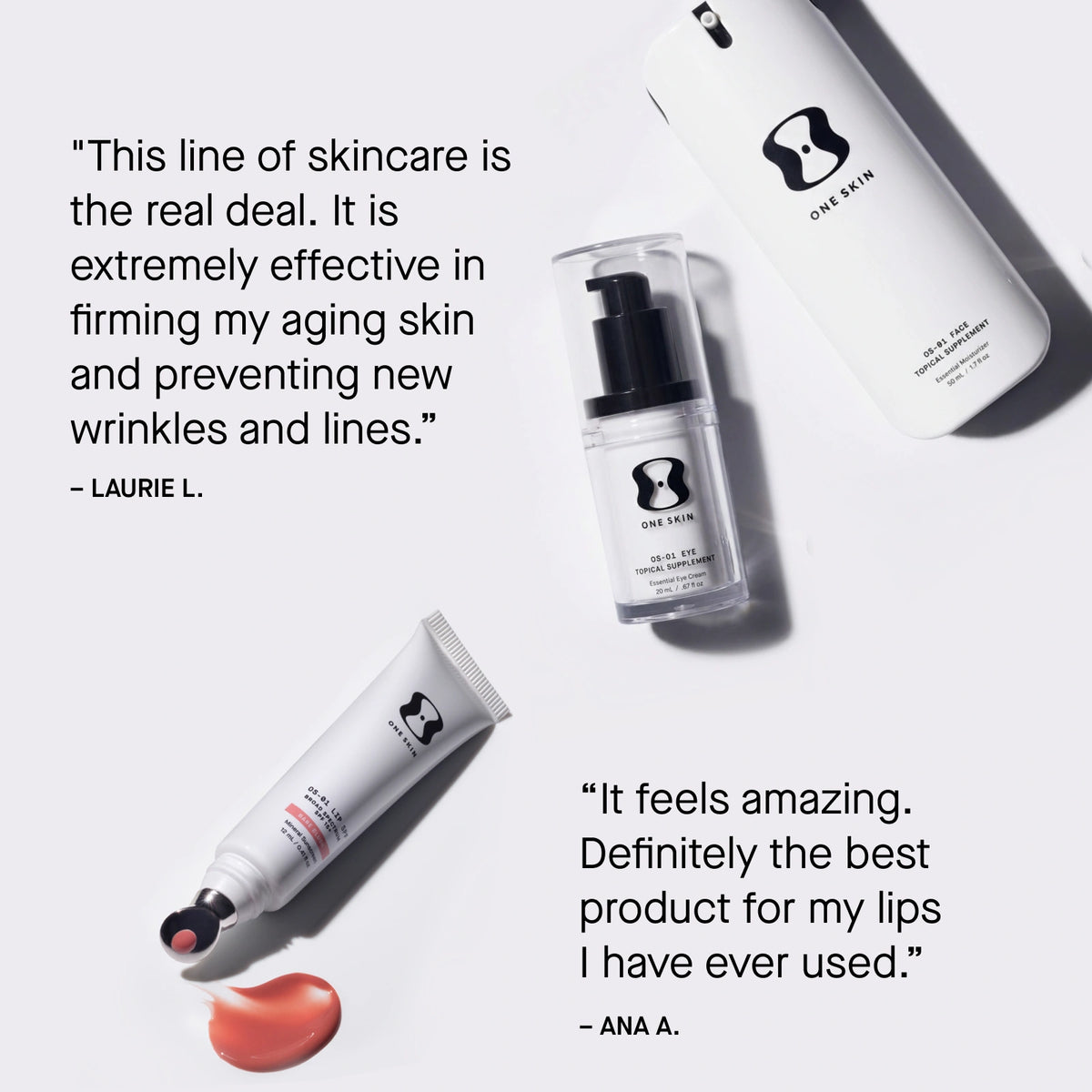 Skincare products with user testimonials on a white background