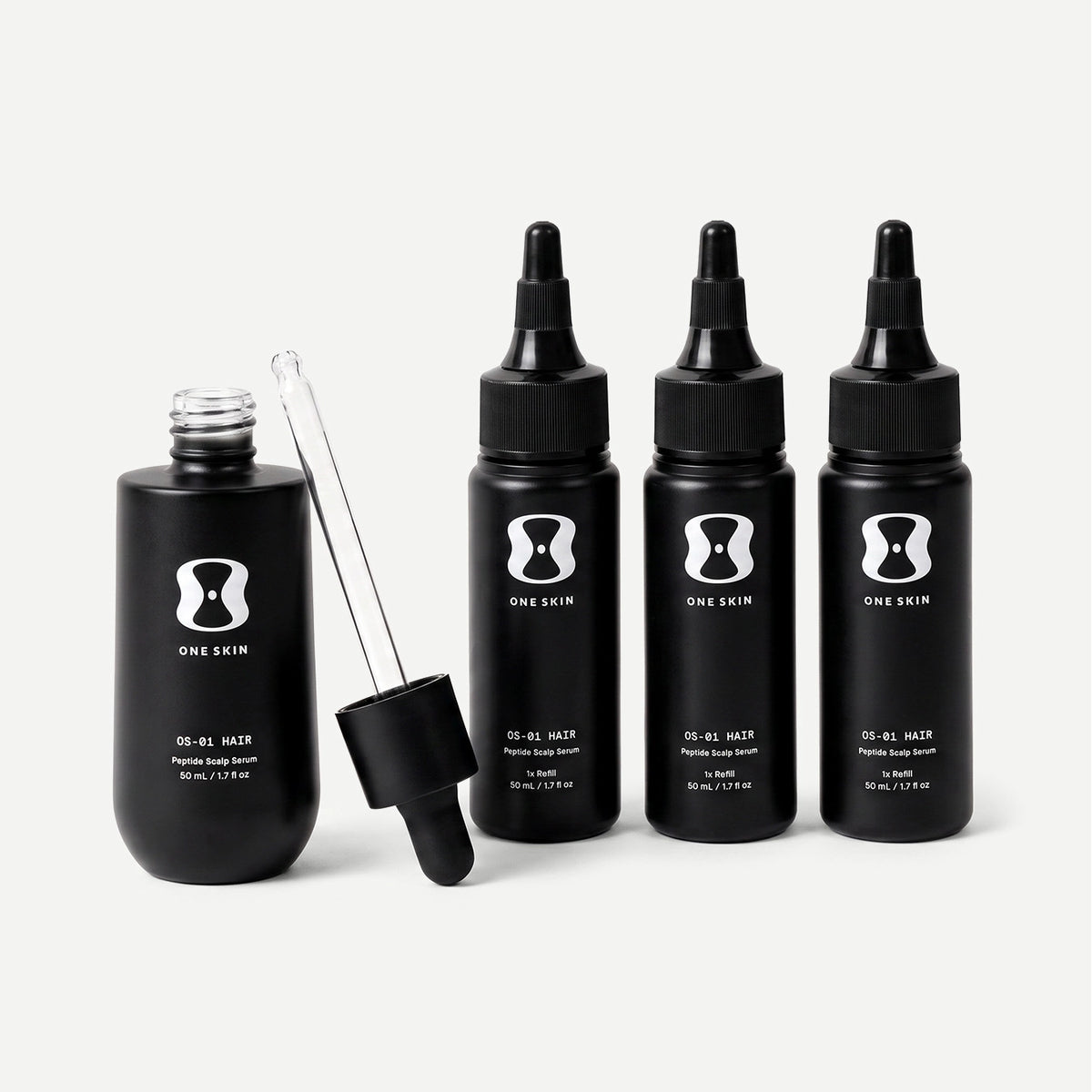 Set of black hair serum bottles with dropper on a light gray background contains descriptive text stating bottle size may vary, the 3 month supply will always come with 150mL of the OS-01 HAIR serum.