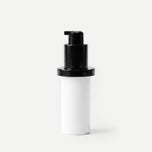 A minimalist cosmetic pump bottle with a matte white cylindrical body and a glossy black pump dispenser, centered on a clean light gray background.