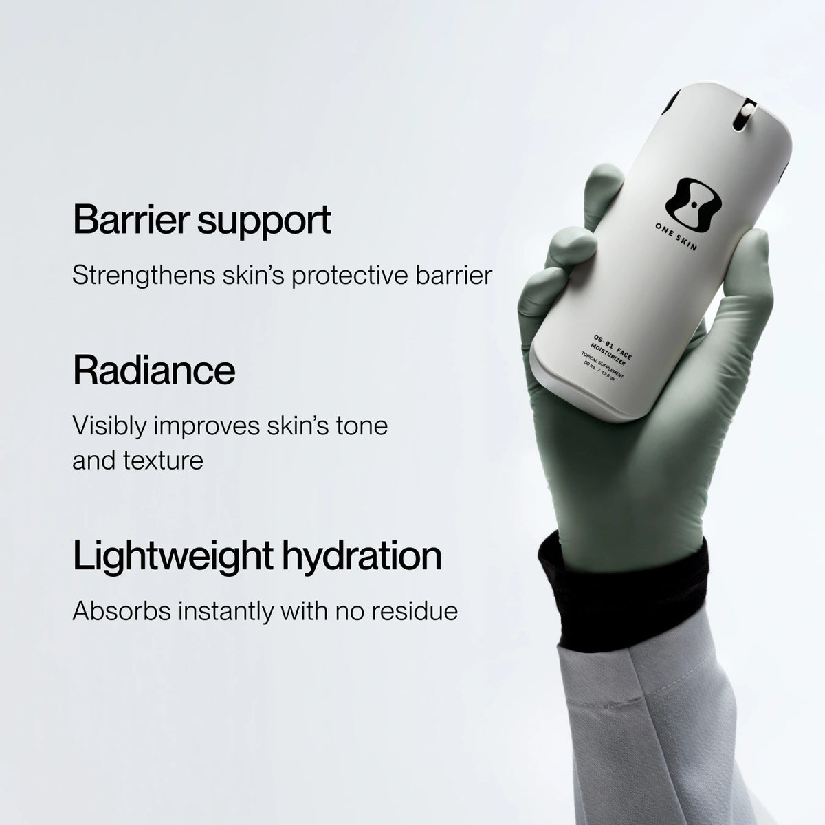 A gloved hand holds a white cylindrical skincare container against a light gray background with promotional text describing barrier support, radiance, and lightweight hydration.