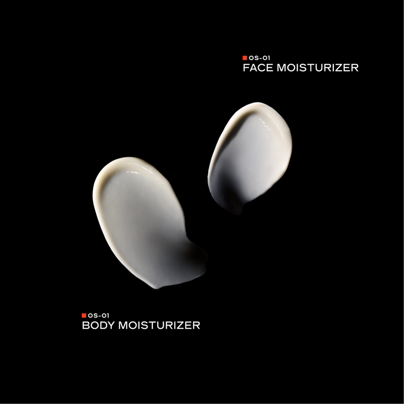 Two smooth, glossy white cream swatches on a solid black background, labeled 'OS-01 FACE MOISTURIZER' and 'OS-01 BODY MOISTURIZER' in white text.