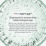 A close-up of a clear circular container filled with transparent gel or serum, with text reading 'OS-01 PEPTIDE' and descriptive copy about reversing skin's visible biological age.