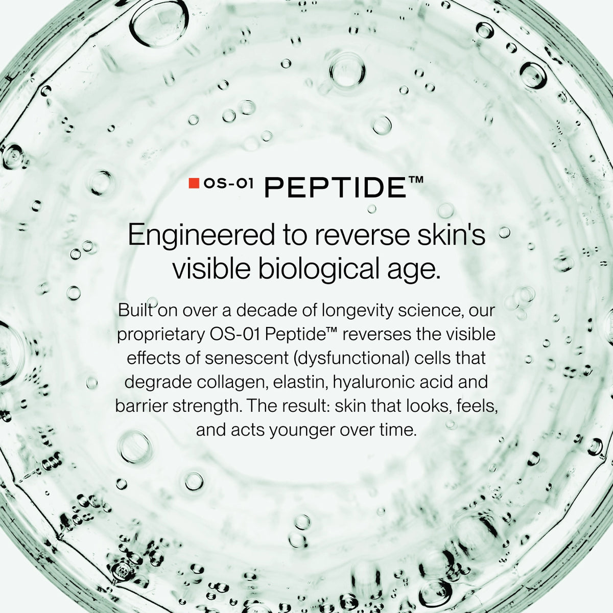 A close-up of a petri dish filled with transparent gel, with text reading 'OS-01 PEPTIDE' and descriptive copy about reversing skin's visible biological age.